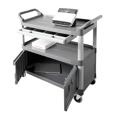 Carucior X-Tra pentru servire cu sertar si dulap 135 kg, gri - Rubbermaid 