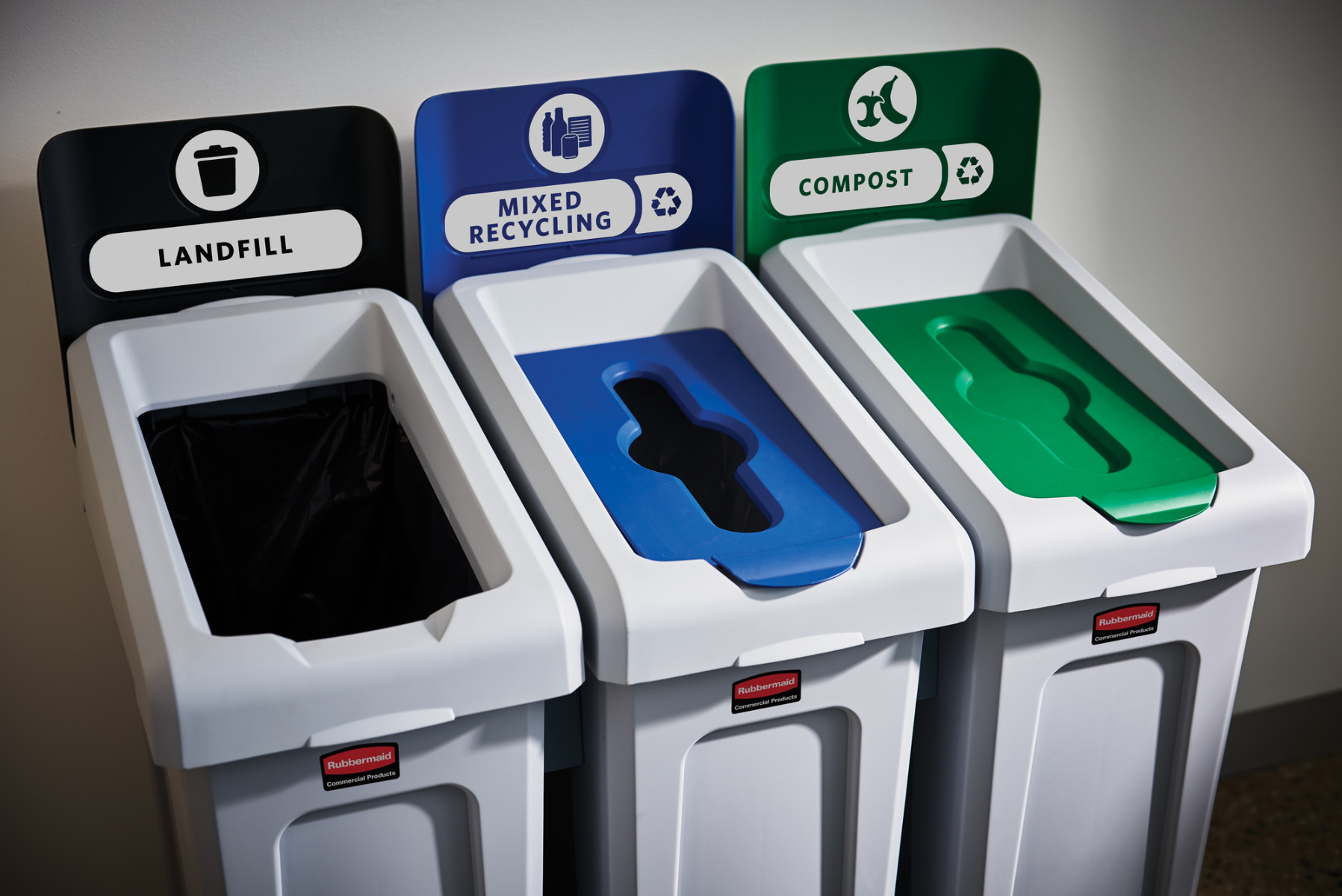 Statie reciclare Slim Jim - 3 containere cu capace (negru/albastru/verde) - Rubbermaid 