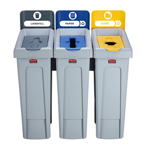 Statie reciclare Slim Jim - 3 containere cu capace (negru/albastru/galben) - Rubbermaid