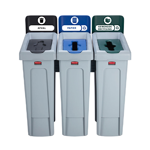 Statie reciclare Slim Jim - 3 containere cu capace (negru/albastru/verde) - Rubbermaid