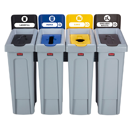 Statie reciclare Slim Jim - 4 containere cu capace (negru/albastru/galben/maro) - Rubbermaid